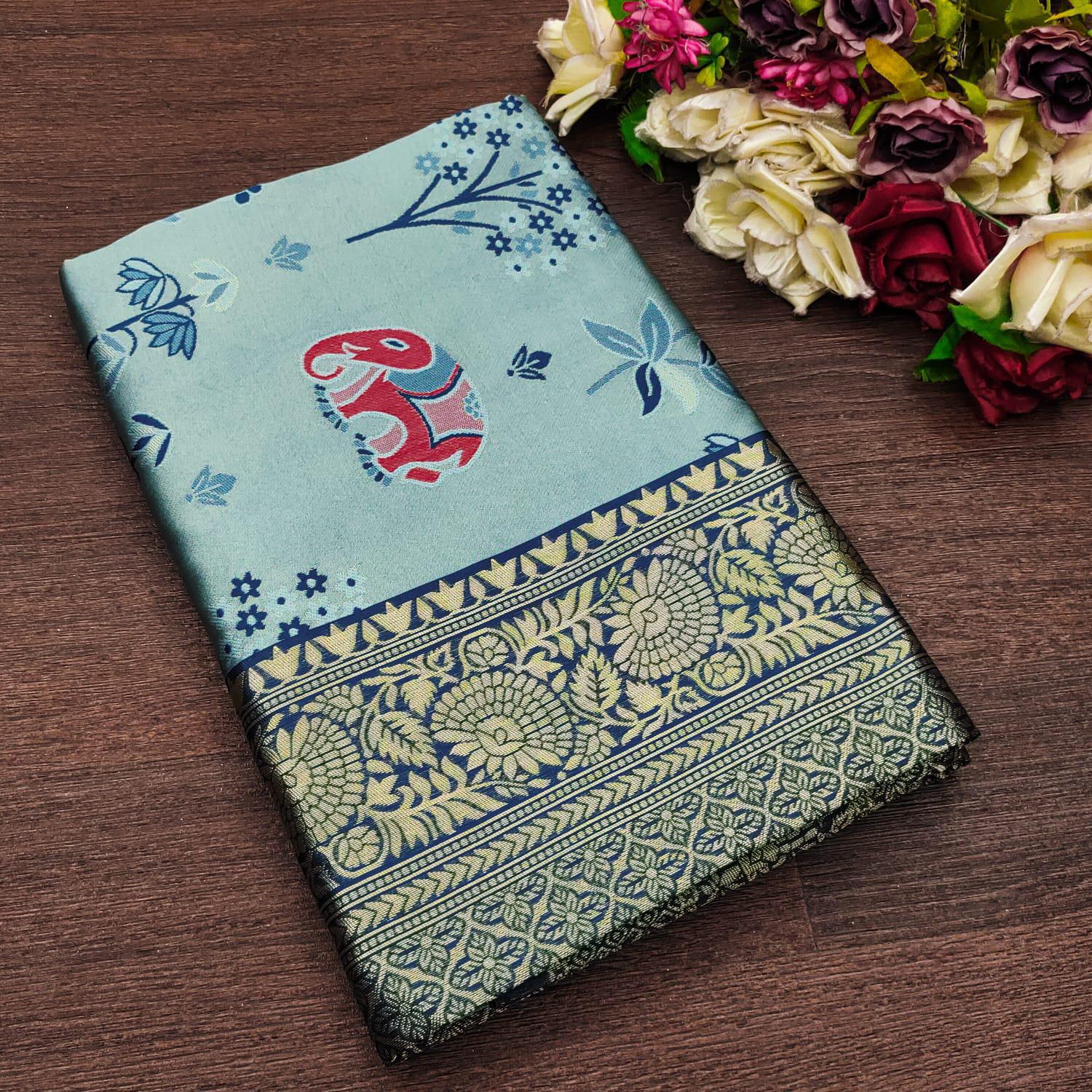 BEAUTIFUL RICH PALLU ACQUARD WORK ON ALL OVER THE SAREE.