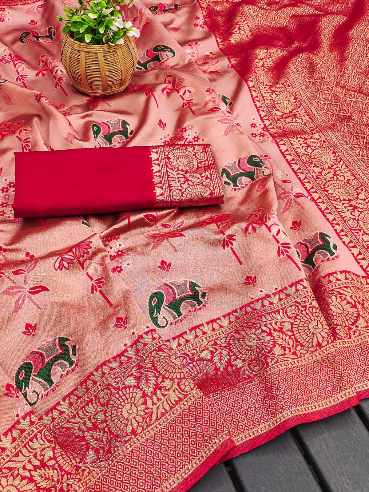 BEAUTIFUL RICH PALLU ACQUARD WORK ON ALL OVER THE SAREE.