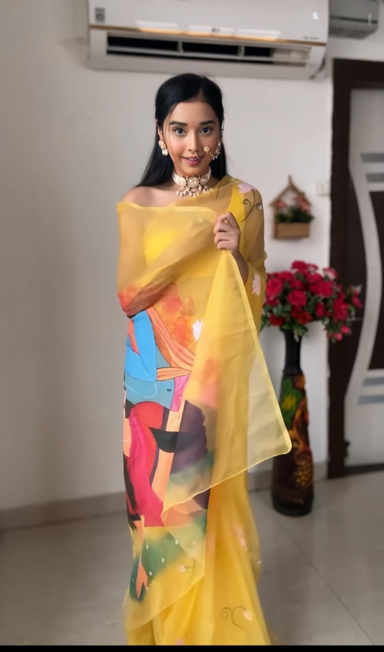 Vivacious 1-Minute Ready To Wear Yellow Organza Silk Saree