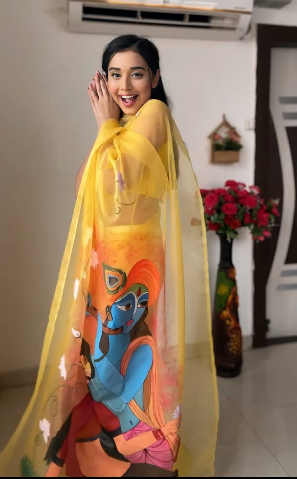 Vivacious 1-Minute Ready To Wear Yellow Organza Silk Saree