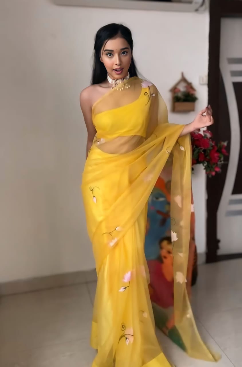 Vivacious 1-Minute Ready To Wear Yellow Organza Silk Saree