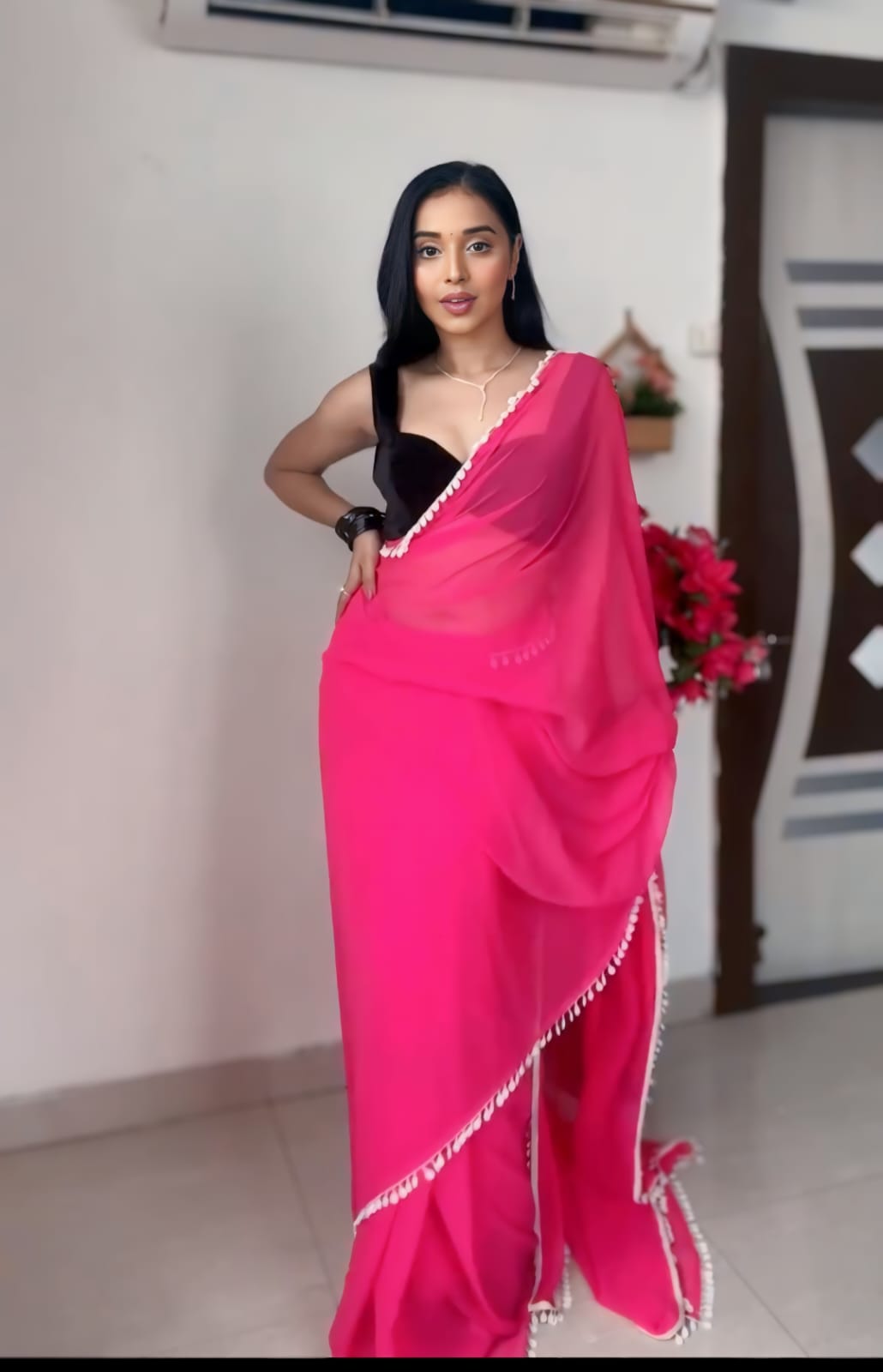 Eye-catching 1-Minute Ready To Wear Pink Georgette Saree