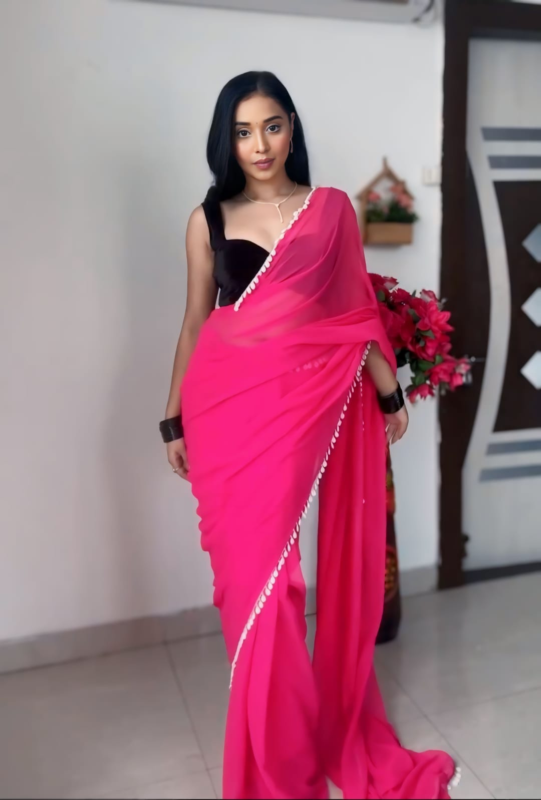 Eye-catching 1-Minute Ready To Wear Pink Georgette Saree