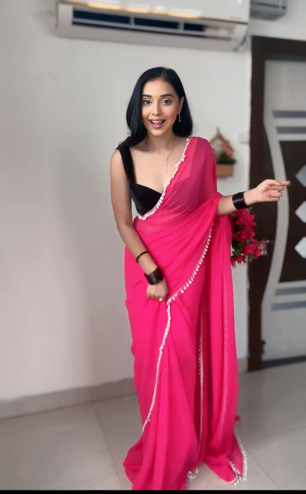 Eye-catching 1-Minute Ready To Wear Pink Georgette Saree