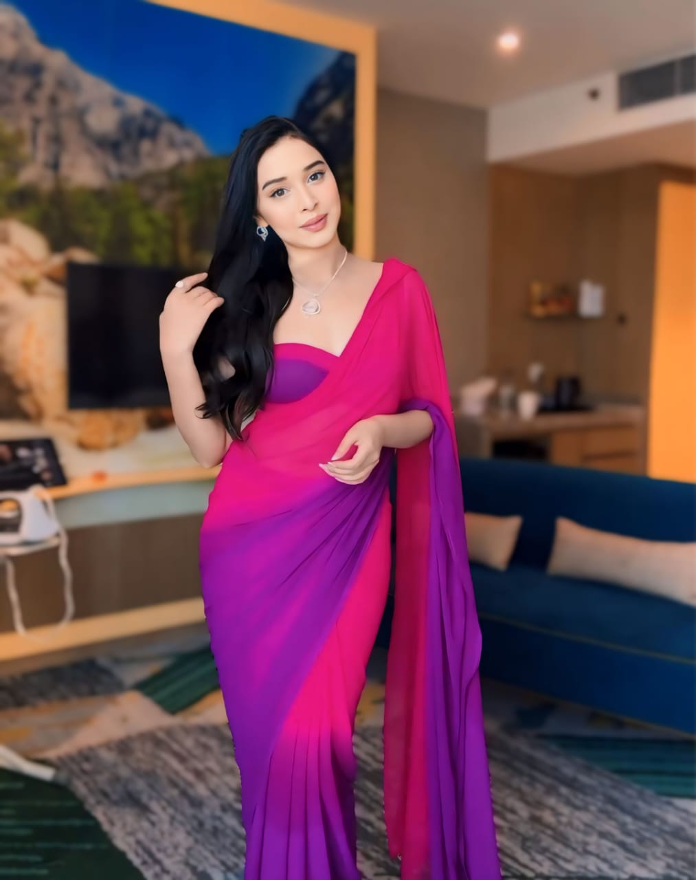 Ready to Wear Pink Georgette Plain Saree