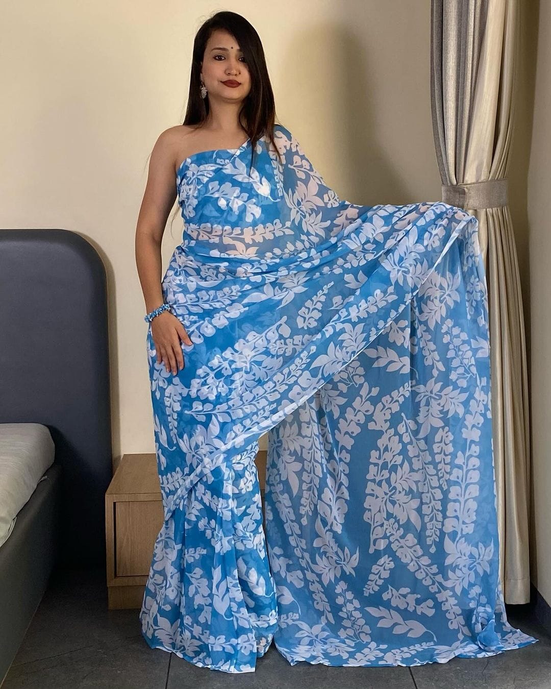 Adorning 1-Minute Ready To Wear Firozi Georgette Saree