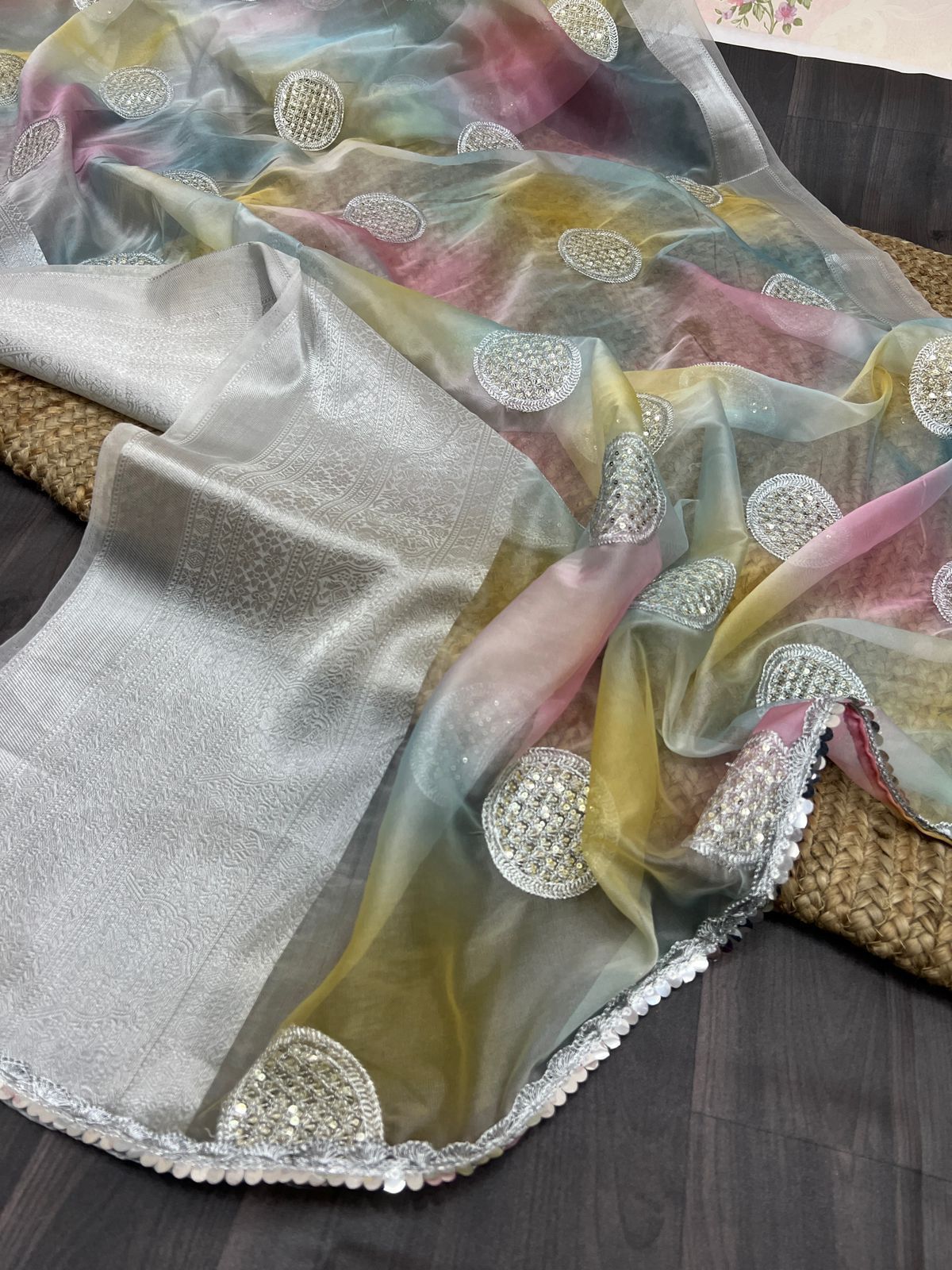 Organza Weaving Border Silk Saree With Silver Border