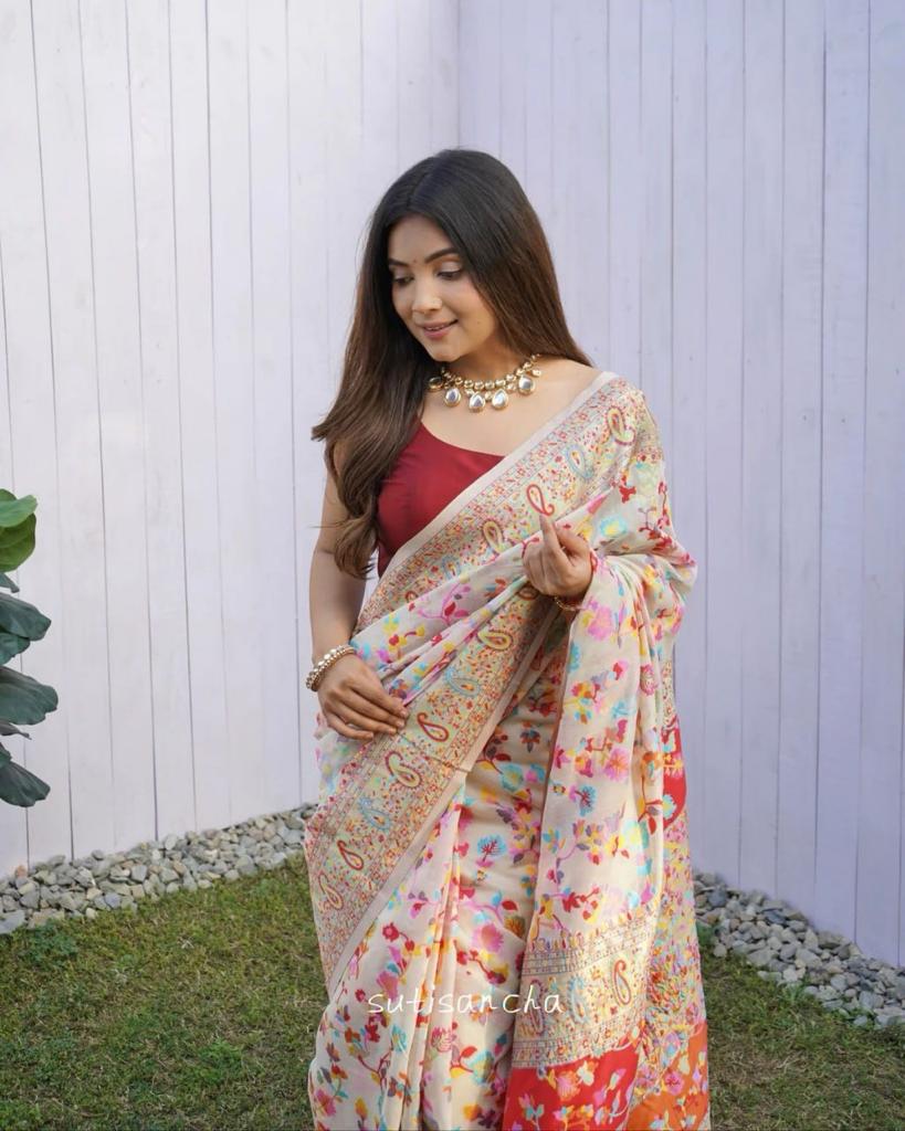 Cream Color Floral Print Saree