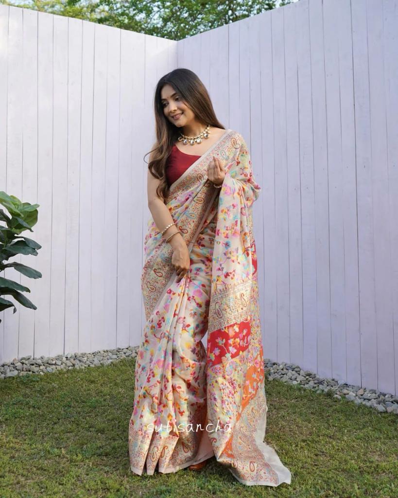 Cream Color Floral Print Saree