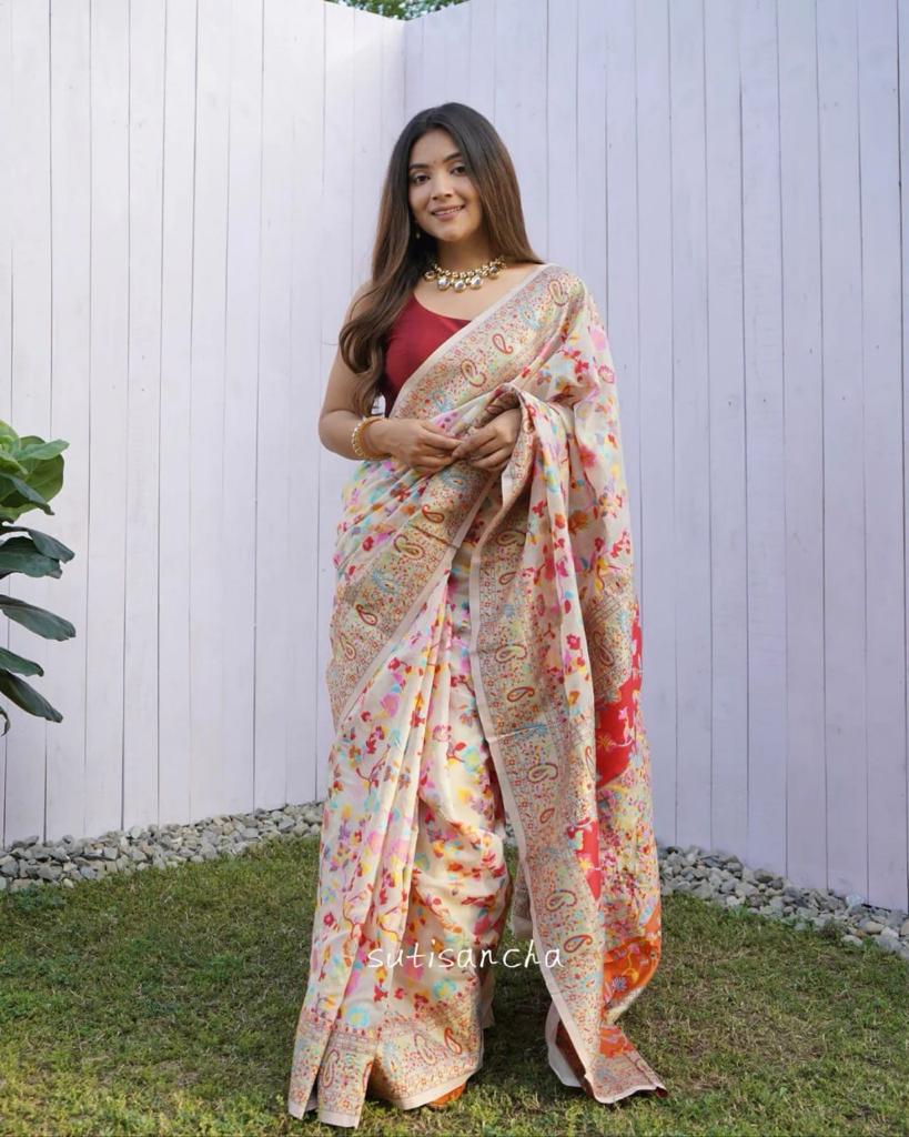 Cream Color Floral Print Saree