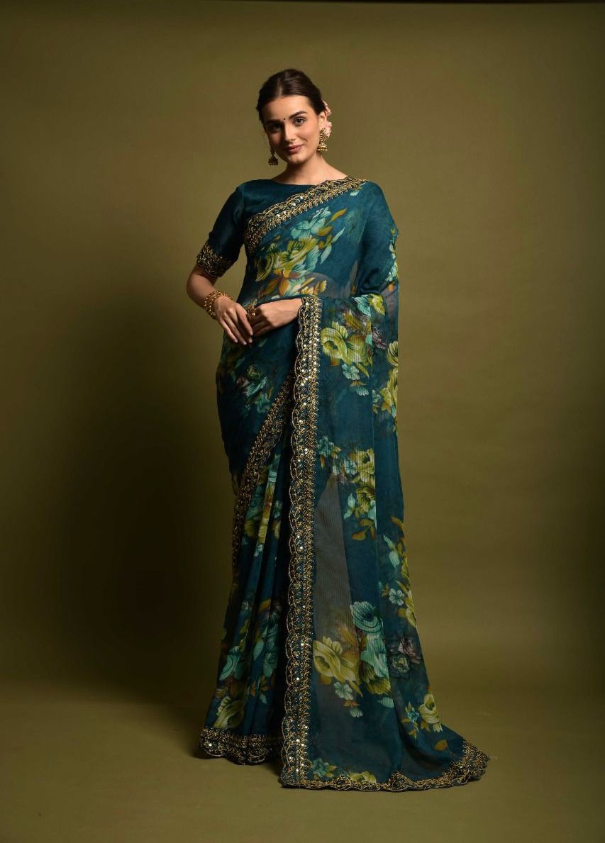 Georgette Casual Saree in Blue with Floral work