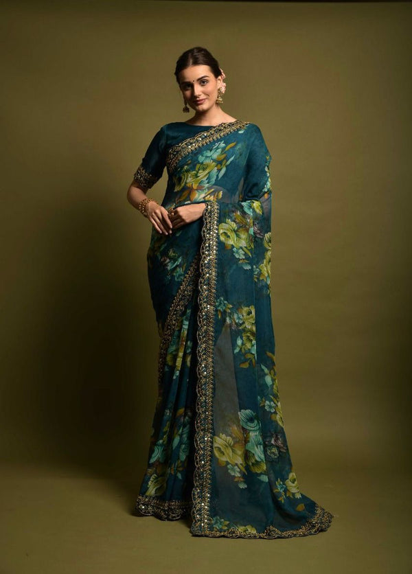 Georgette Casual Saree in Blue with Floral work