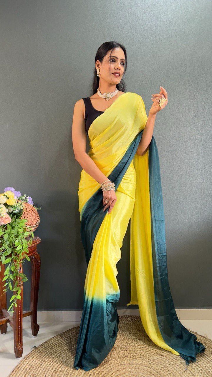 Yellow Color 1-Minute Ready To Wear Chinon Saree With Blouse Piece