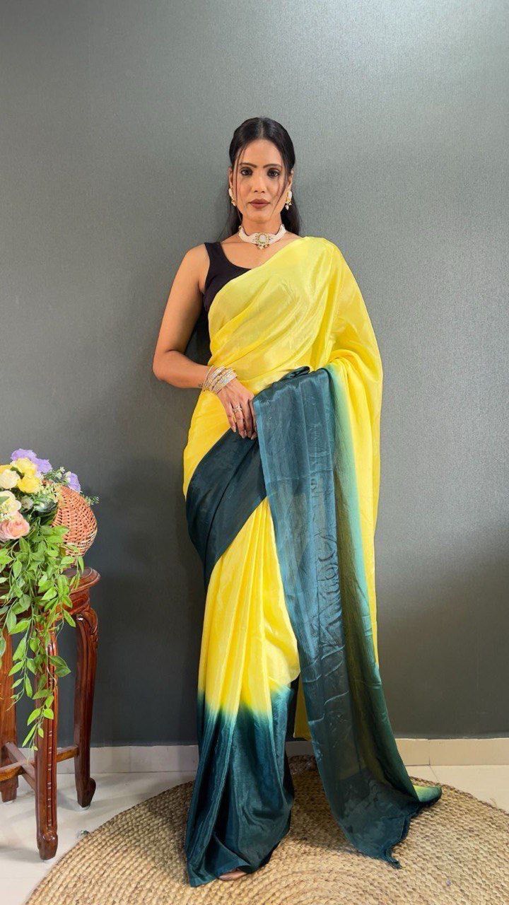 Yellow Color 1-Minute Ready To Wear Chinon Saree With Blouse Piece