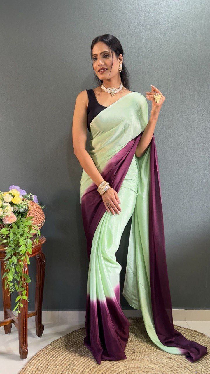 Yellow Color 1-Minute Ready To Wear Chinon Saree With Blouse Piece