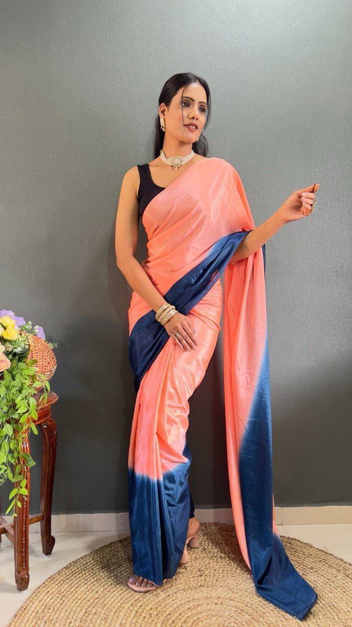 Yellow Color 1-Minute Ready To Wear Chinon Saree With Blouse Piece