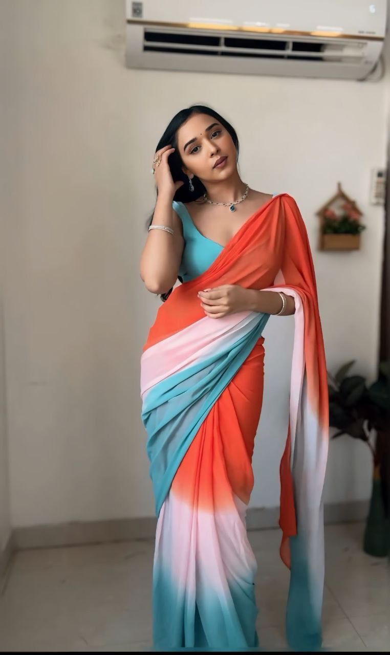 1-Min Georgette Ready To Wear Saree With Blouse Piece