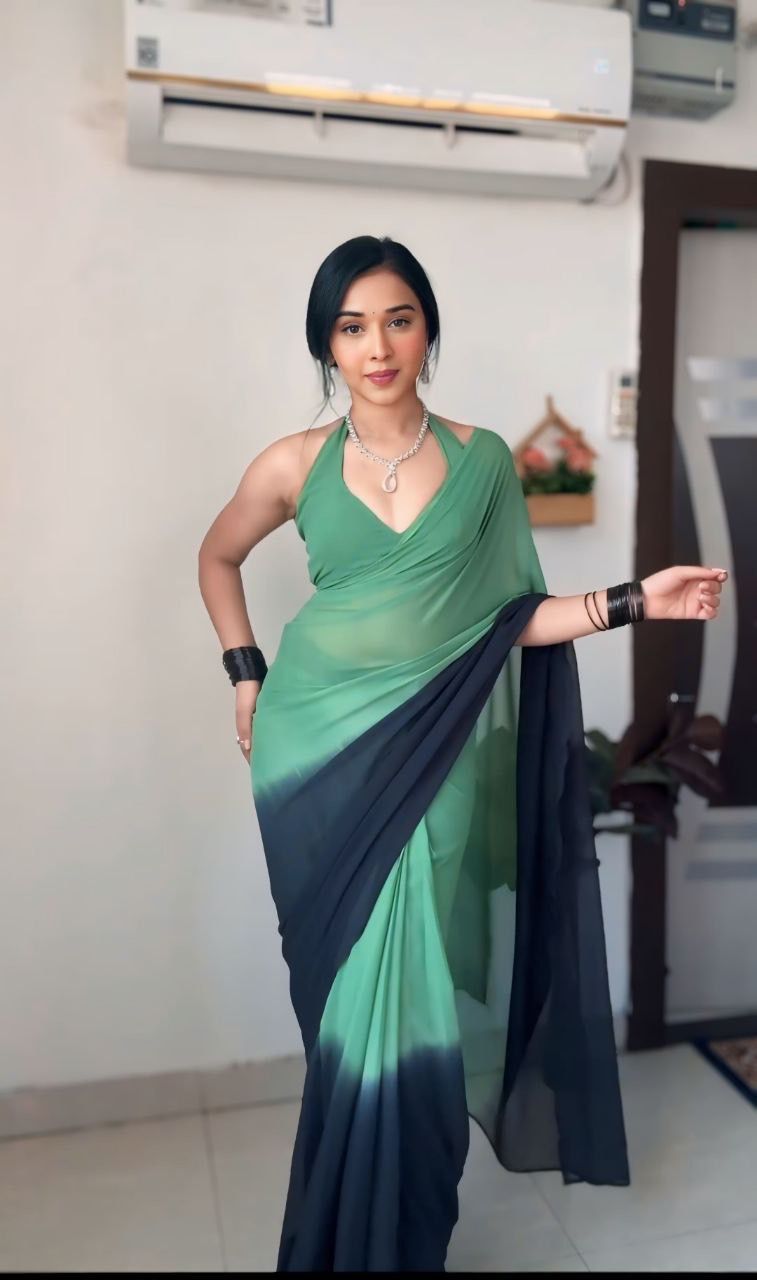 Green And Navy Blue Georgette Digital Print Shaded Saree