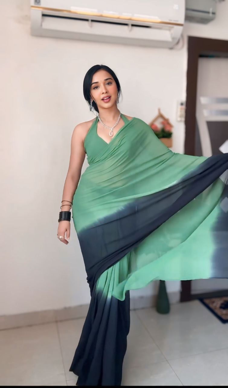 Green And Navy Blue Georgette Digital Print Shaded Saree