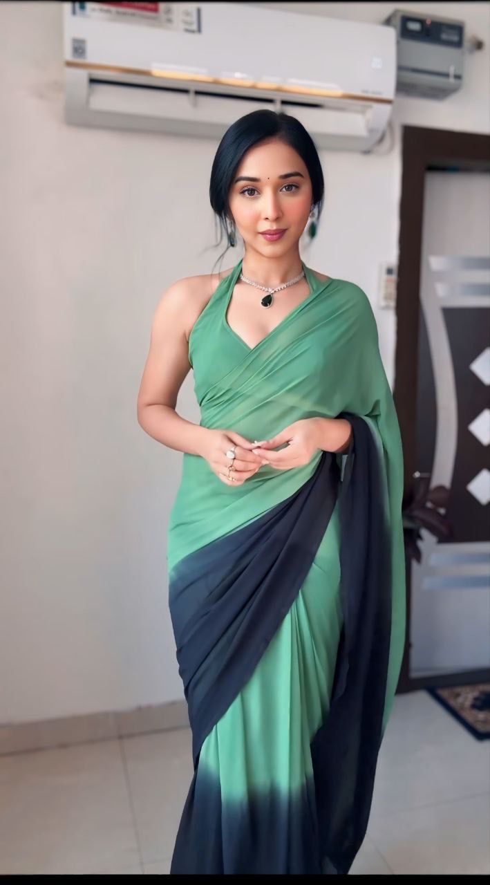 Green And Navy Blue Georgette Digital Print Shaded Saree