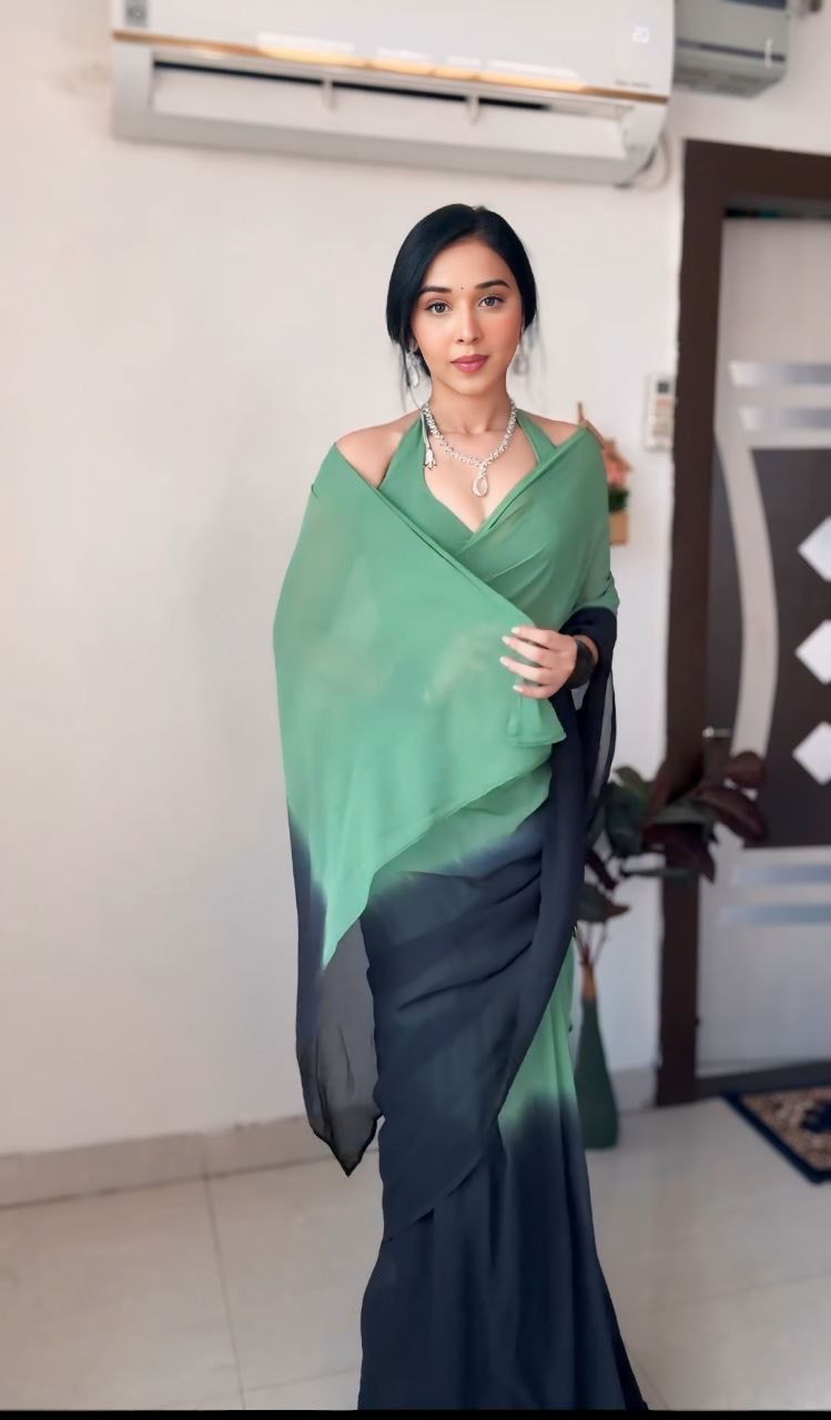 Green And Navy Blue Georgette Digital Print Shaded Saree