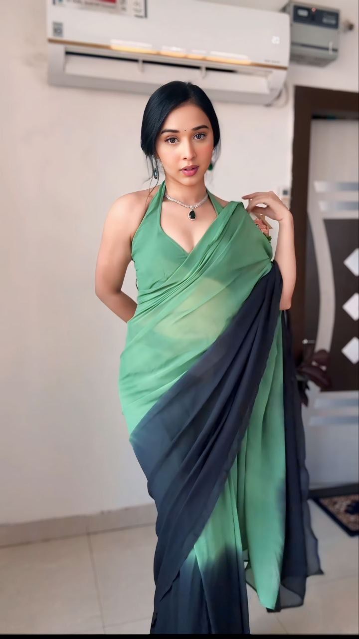 Green And Navy Blue Georgette Digital Print Shaded Saree