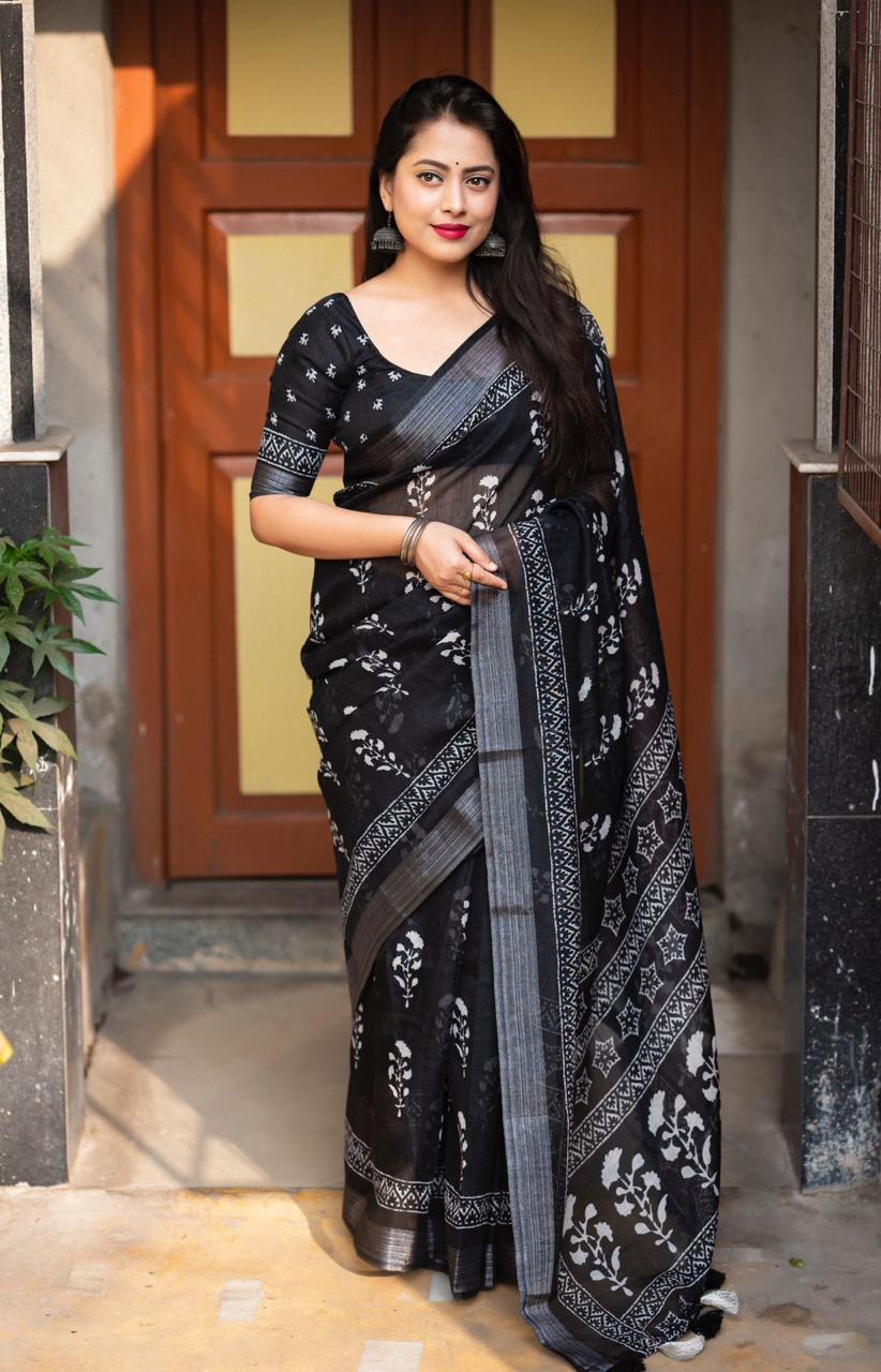 New Black Color Soft Linen Saree