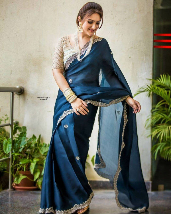 Blue Color Embroidery Design Georgette Silk Saree