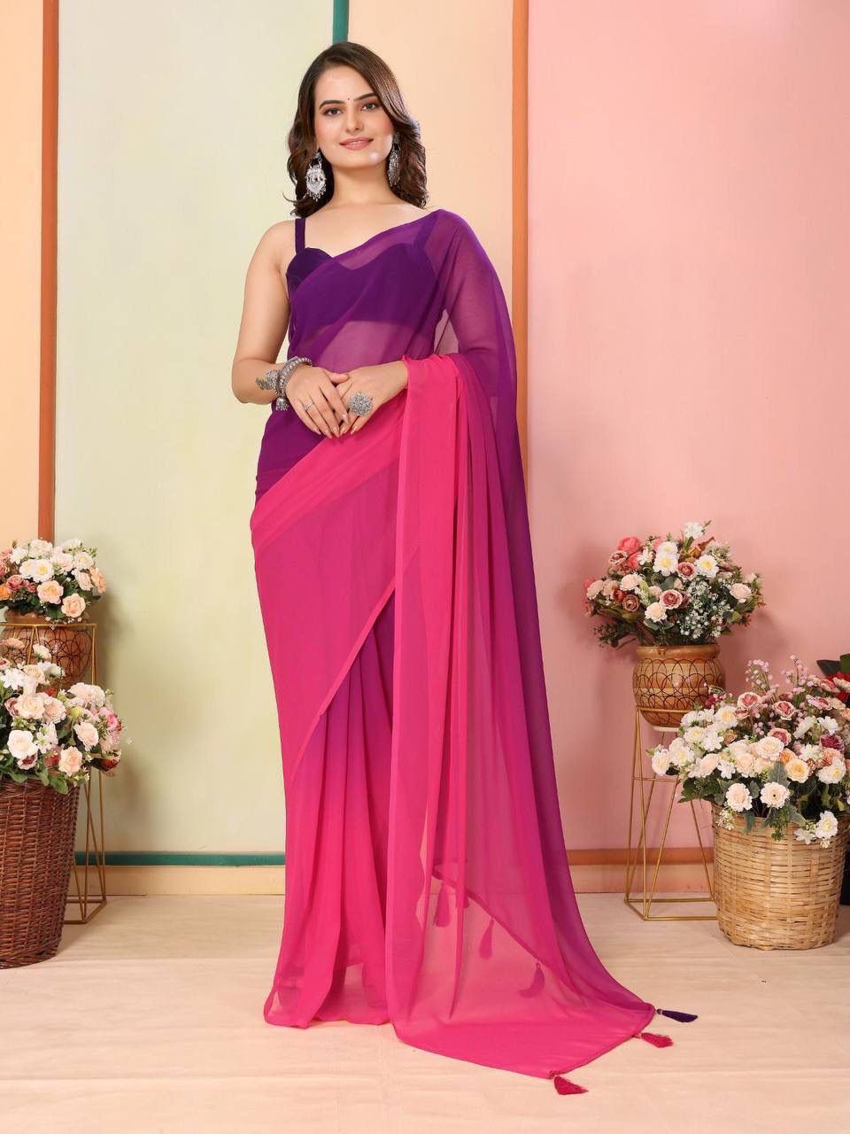 Pretty 1-Min Georgette Ready To Wear Saree With Blouse Piece