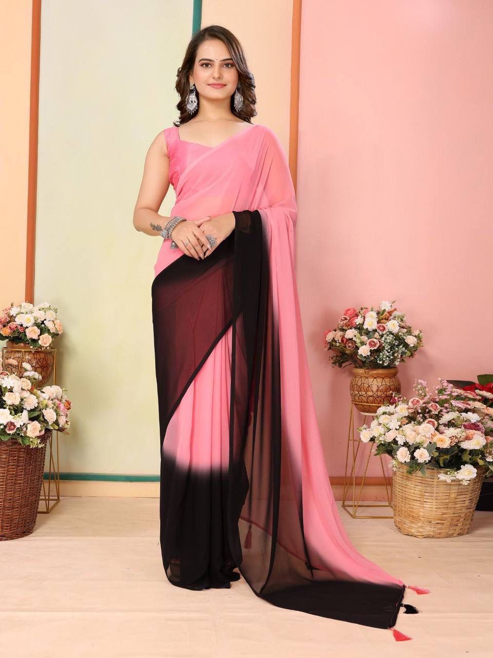 Pretty 1-Min Georgette Ready To Wear Saree With Blouse Piece