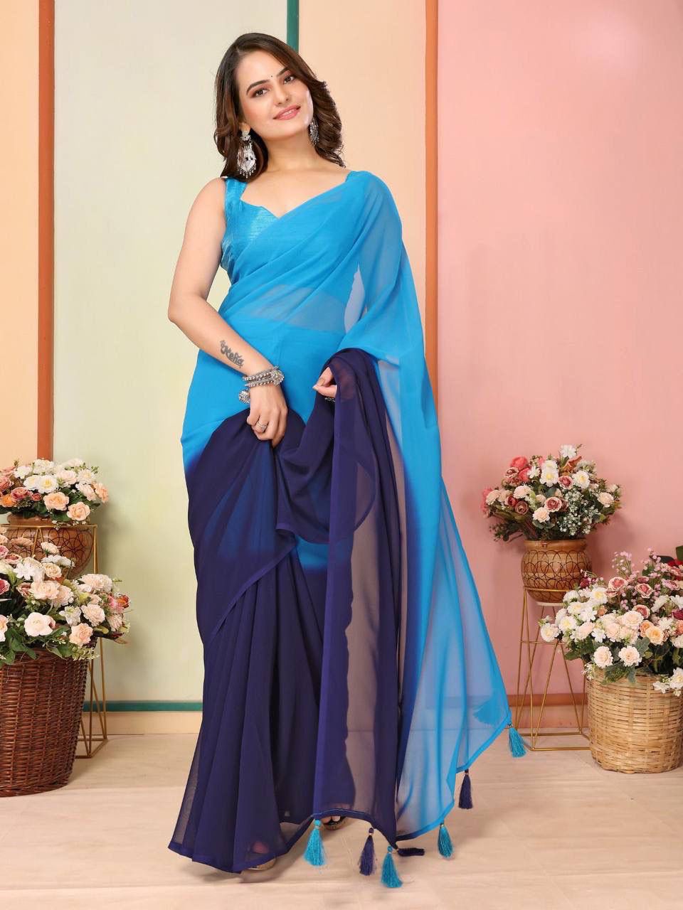 Pretty 1-Min Georgette Ready To Wear Saree With Blouse Piece