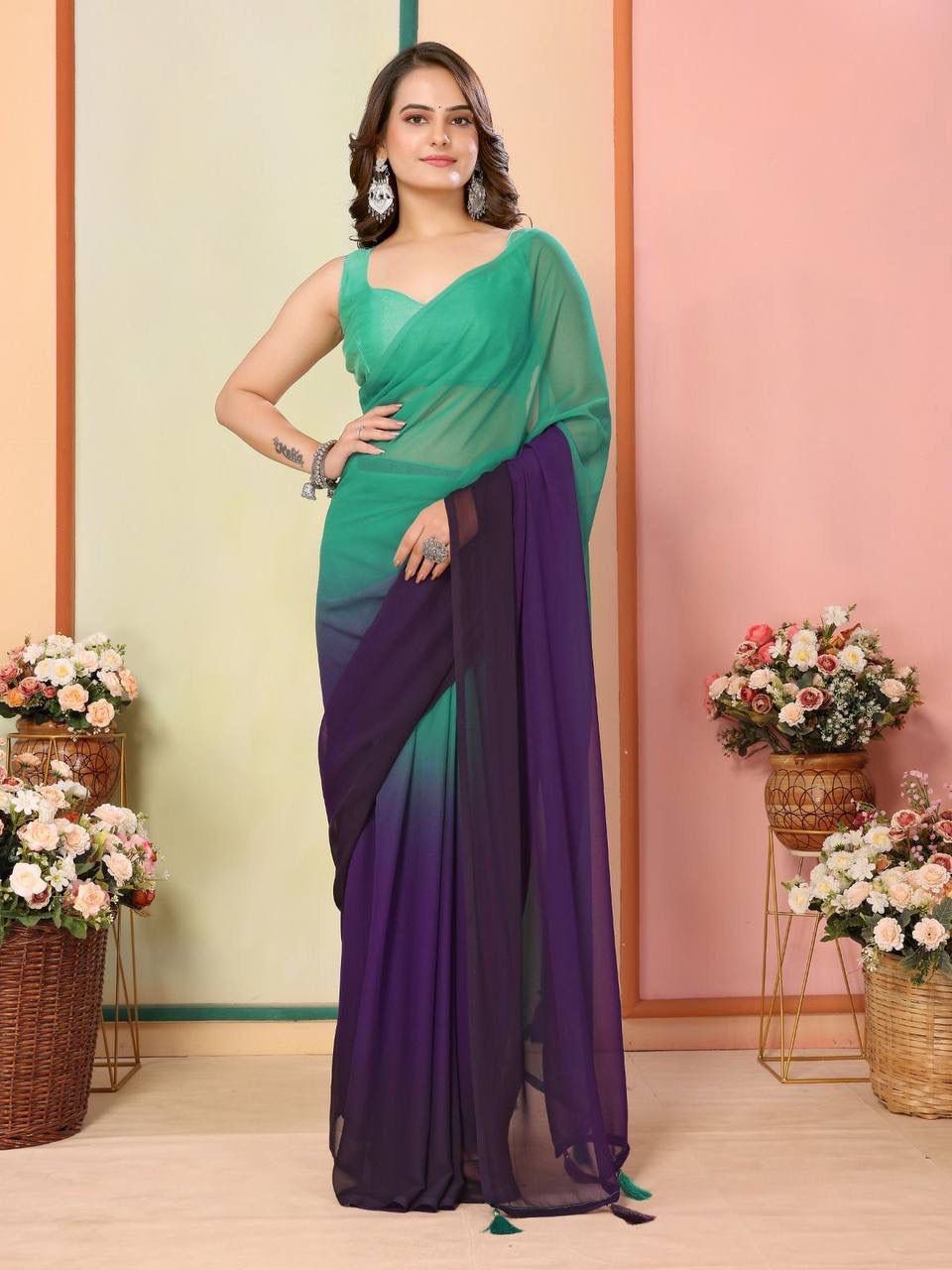 Pretty 1-Min Georgette Ready To Wear Saree With Blouse Piece