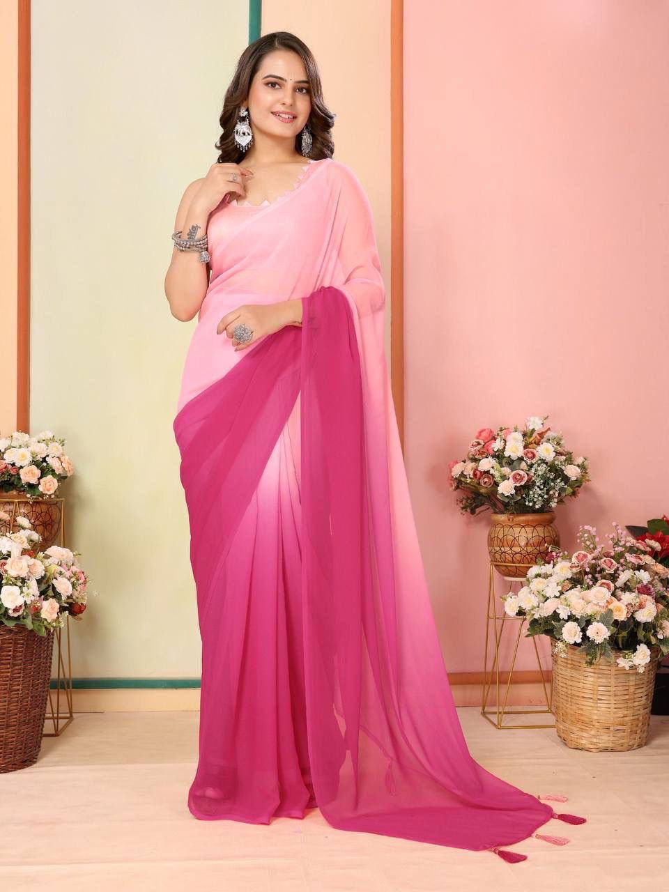 Pretty 1-Min Georgette Ready To Wear Saree With Blouse Piece