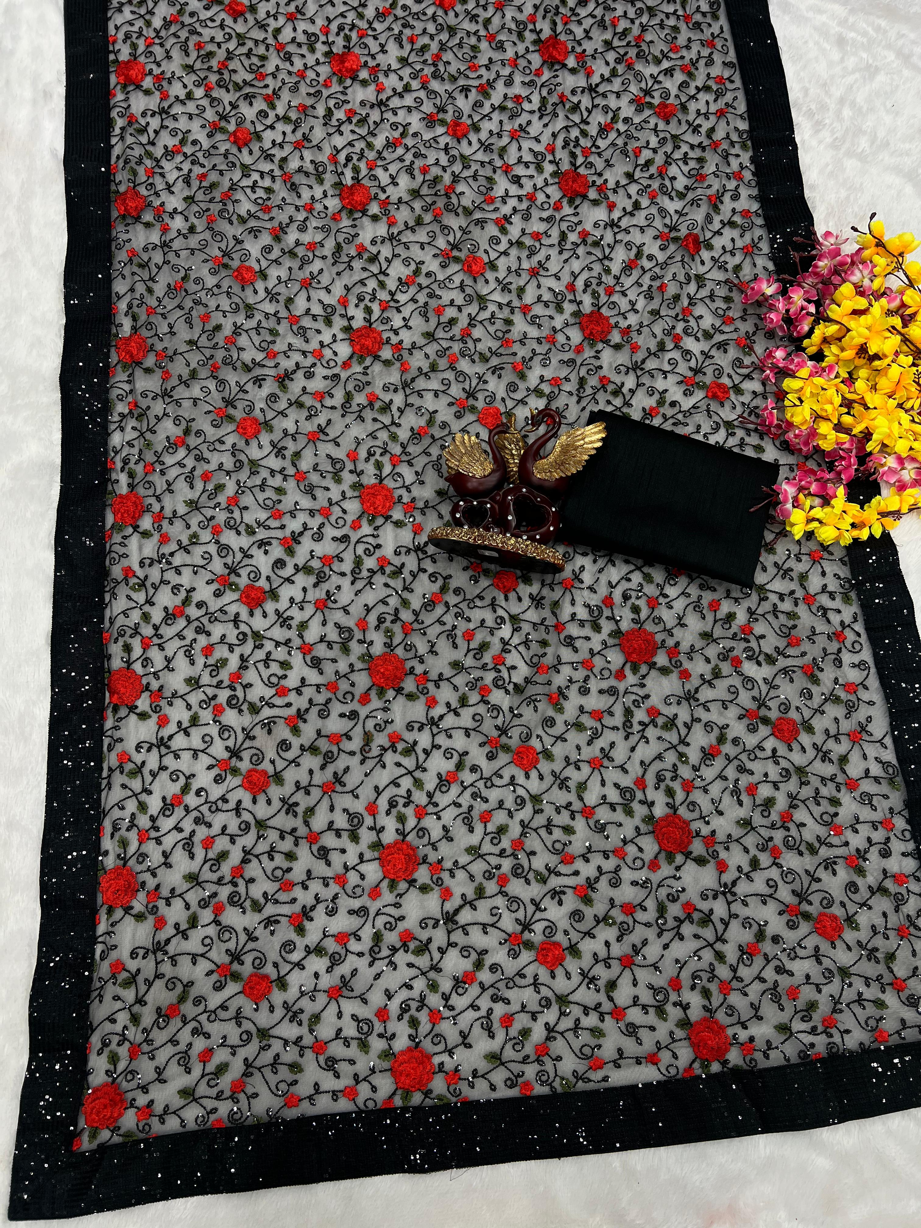 Black Color Beautiful Flower Sequins Soft Net fabric Saree With Blouse