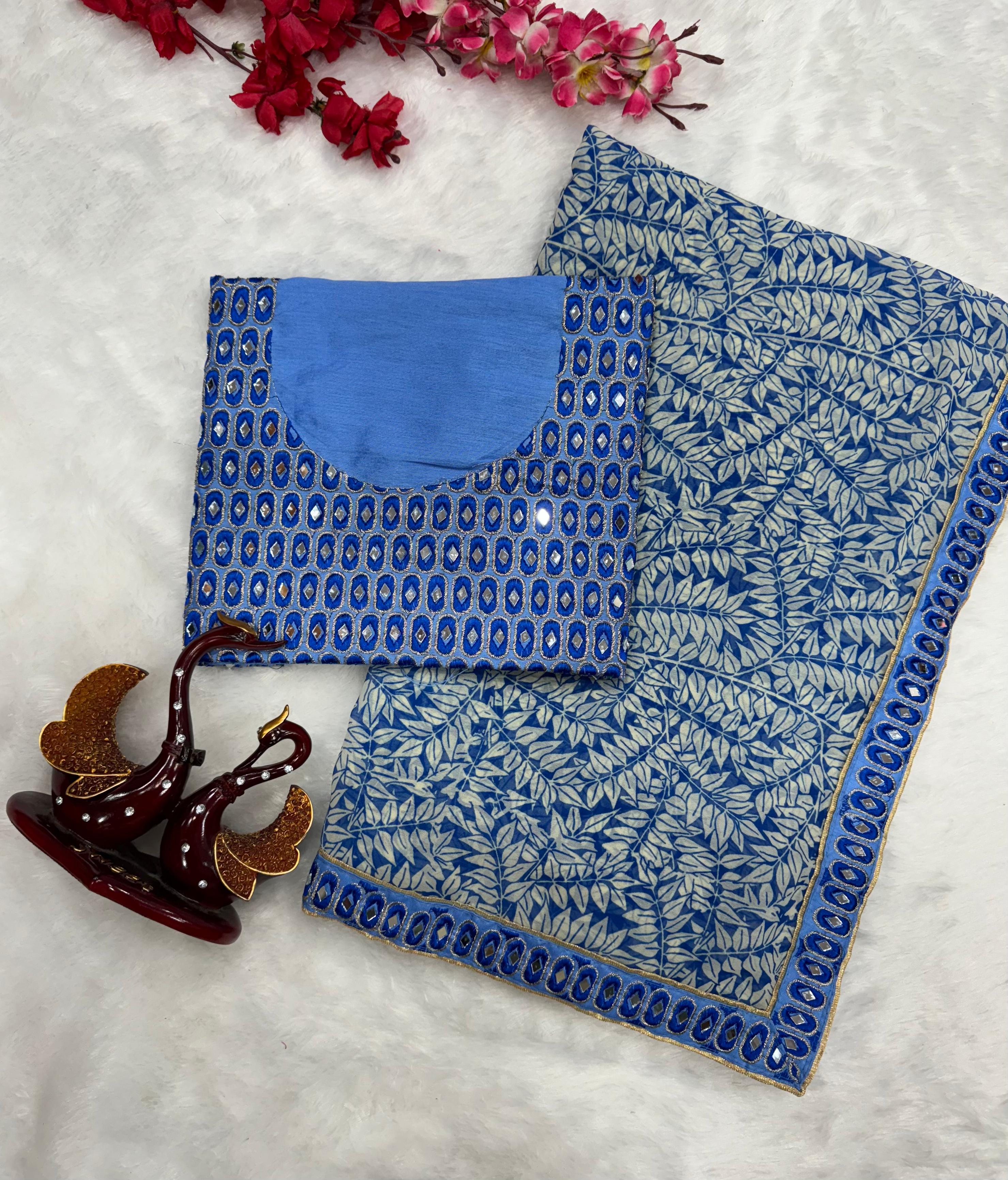 Blue Fire Print Hand Embroidered Saree