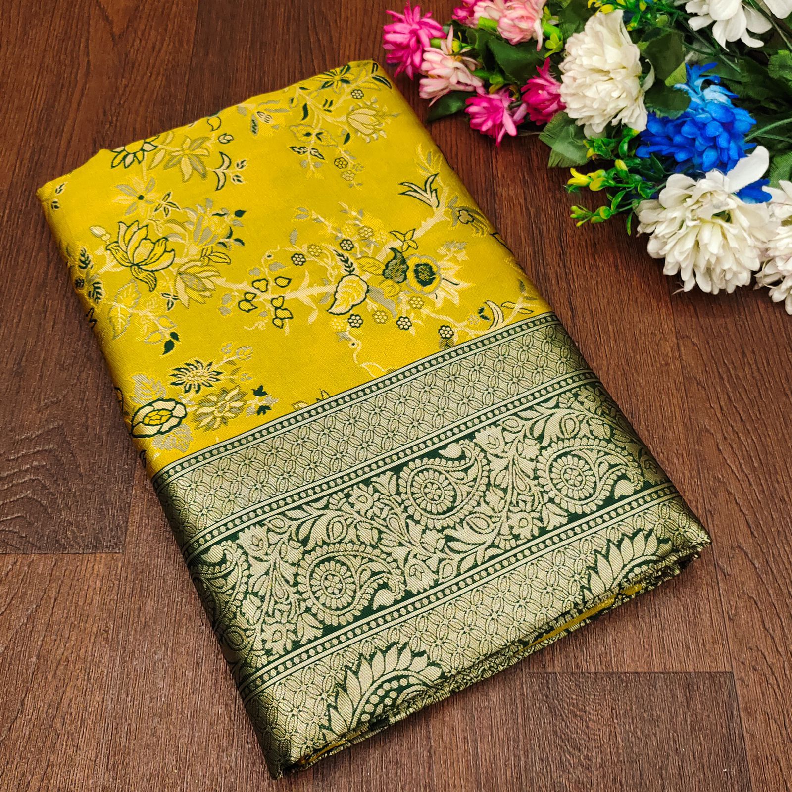 Yellow Color Banarasi Lichi Silk Saree With Blouse Piece