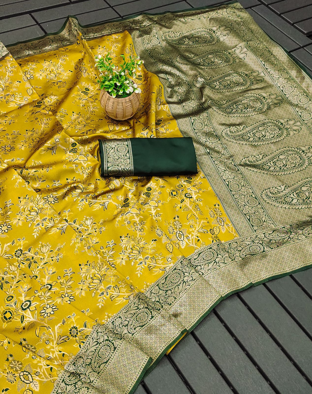 Yellow Color Banarasi Lichi Silk Saree With Blouse Piece