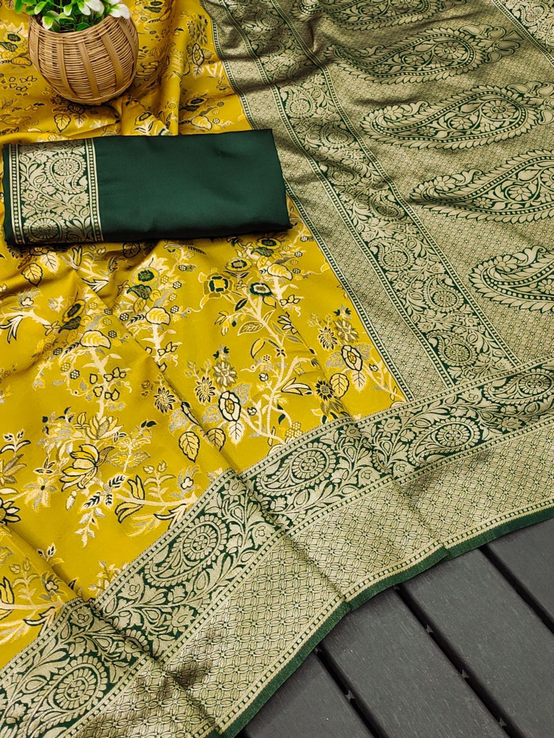 Yellow Color Banarasi Lichi Silk Saree With Blouse Piece