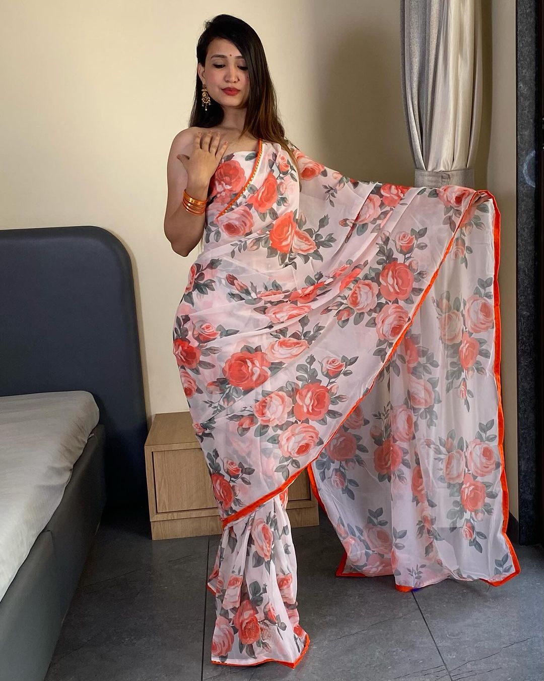 Sizzling 1-Minute Ready To Wear White Georgette Saree