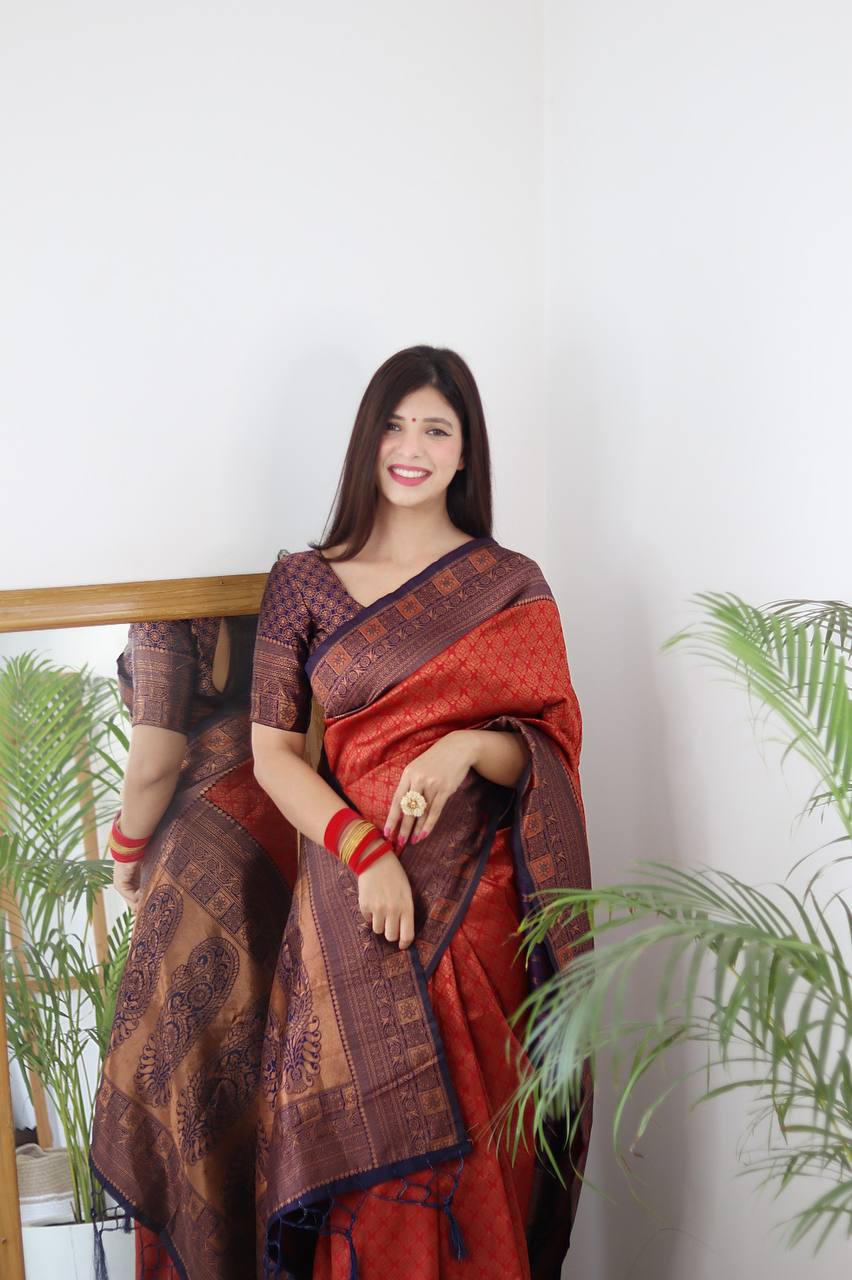 Red and Blue Color Banarasi Litchi Silk Saree With Blouse Piece