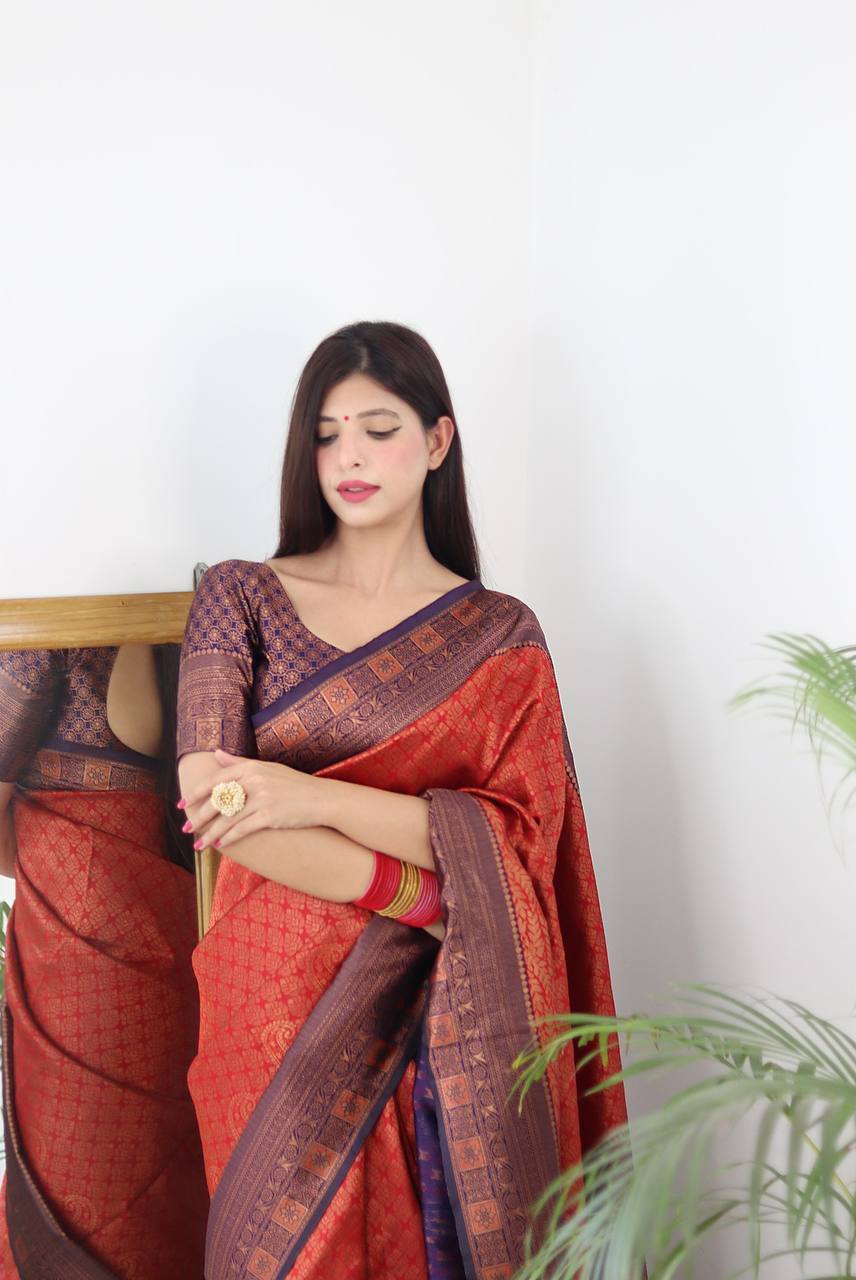 Red and Blue Color Banarasi Litchi Silk Saree With Blouse Piece