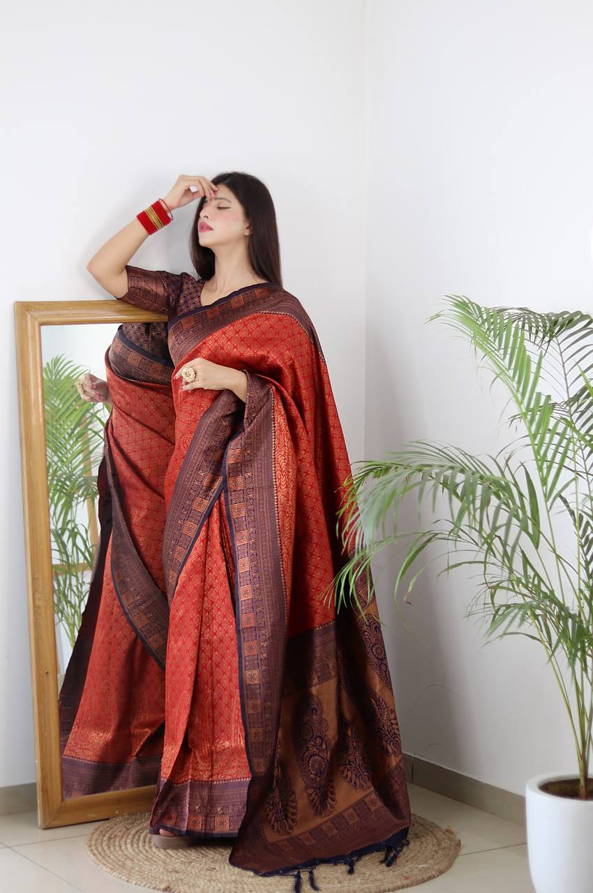 Red and Blue Color Banarasi Litchi Silk Saree With Blouse Piece