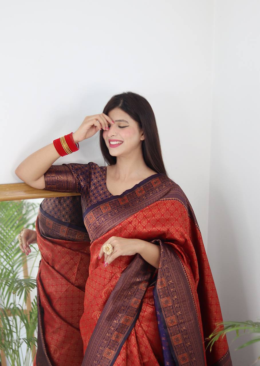 Red and Blue Color Banarasi Litchi Silk Saree With Blouse Piece