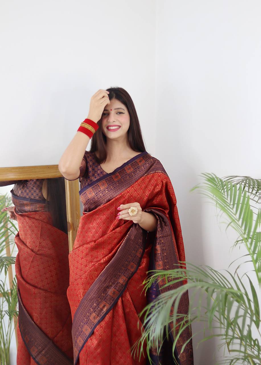 Red and Blue Color Banarasi Litchi Silk Saree With Blouse Piece