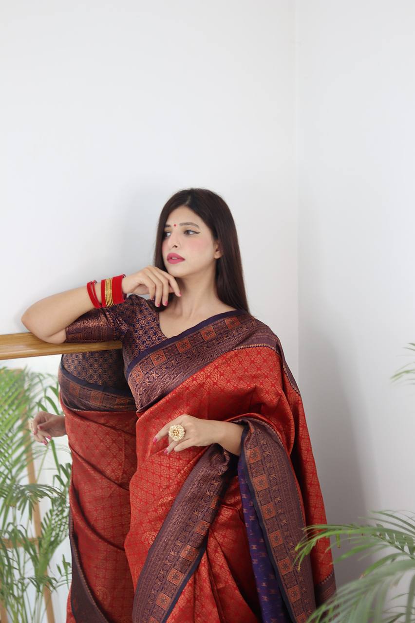 Red and Blue Color Banarasi Litchi Silk Saree With Blouse Piece