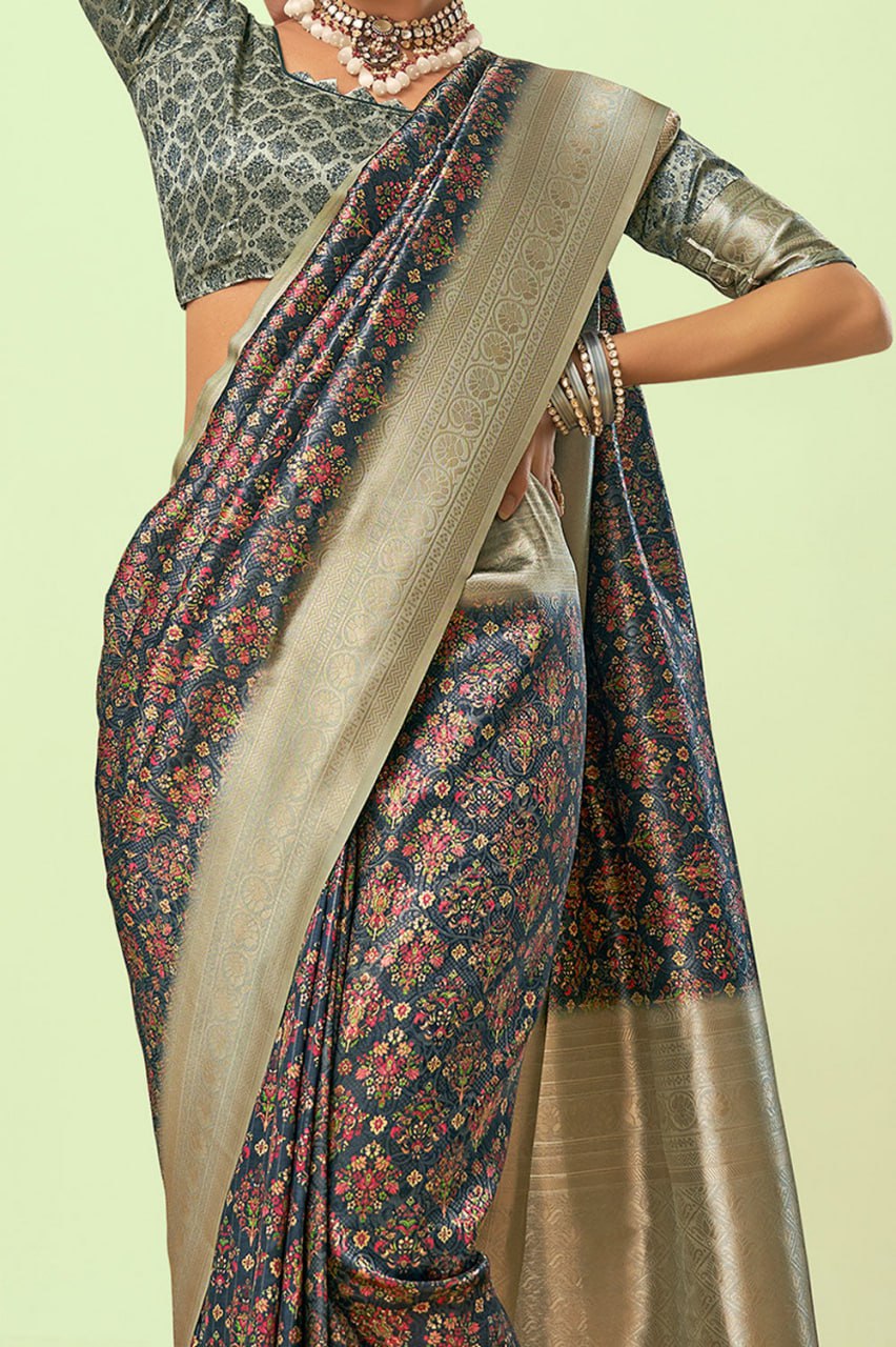 Dusty Blue Colour Banarasi Litchi Silk Saree With Blouse Piece