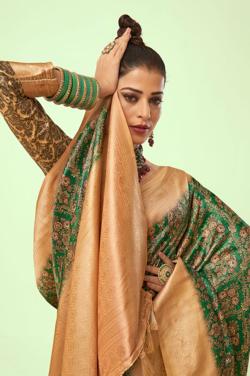 Olive Green Color Banarasi Litchi Silk Saree With Blouse Piece