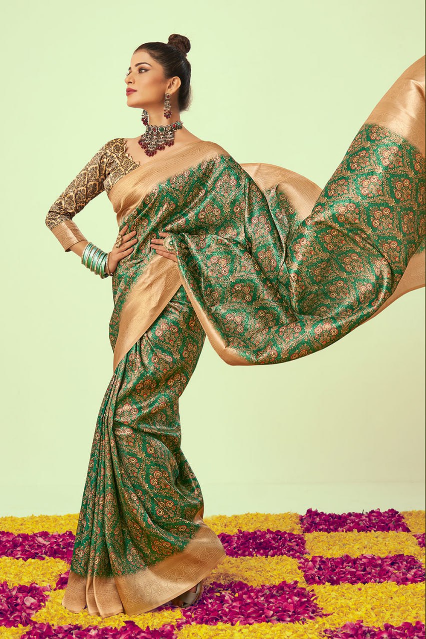 Olive Green Color Banarasi Litchi Silk Saree With Blouse Piece