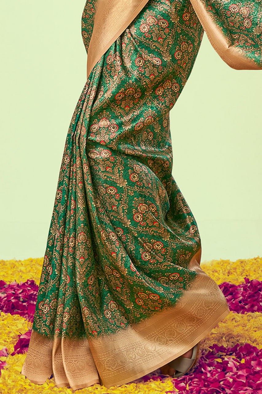 Olive Green Color Banarasi Litchi Silk Saree With Blouse Piece