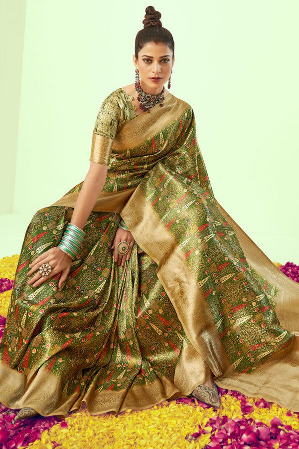 Green Color Banarasi Litchi Silk Saree With Blouse Piece